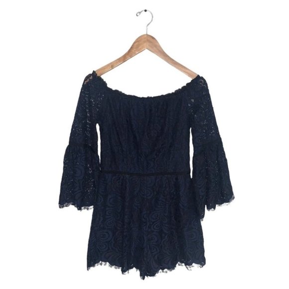 Freda Marie Lace Romper Off-The-Shoulder Navy Black Bell Sleeves Size  Medium‎ - Picture 1 of 11